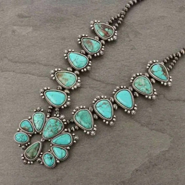 Full Squash Blossom Natural Turquoise Necklace