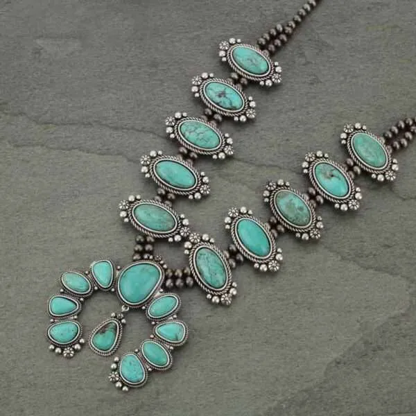 Full Squash Blossom Natural Turquoise Necklace