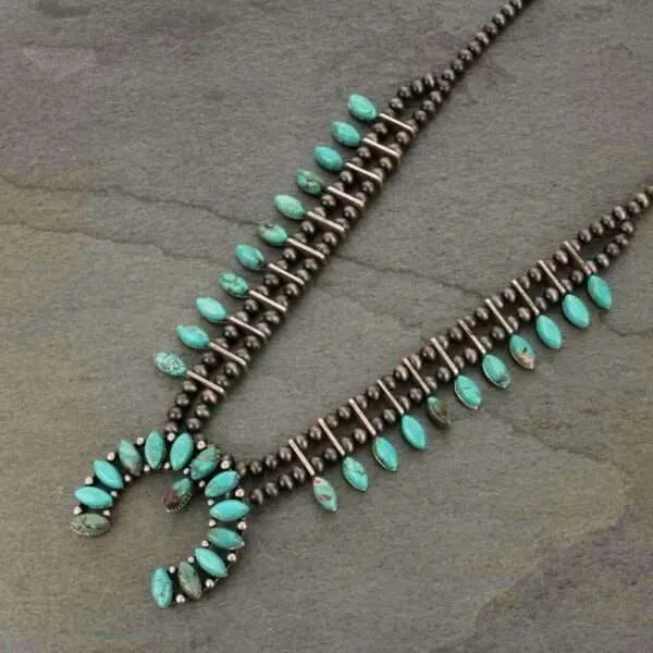 Full Squash Blossom Natural Turquoise Necklace