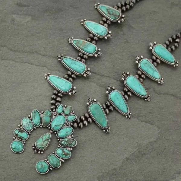 Full Squash Blossom Natural Turquoise Necklace