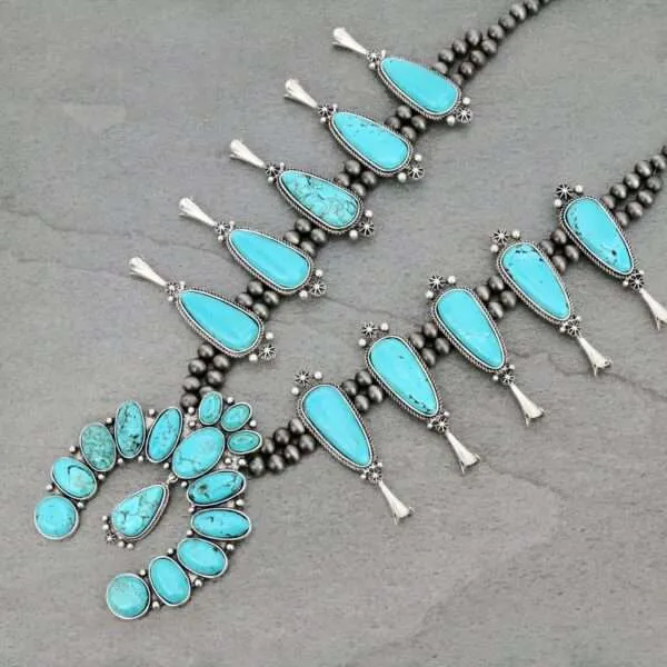 Full Squash Blossom Natural Turquoise Necklace