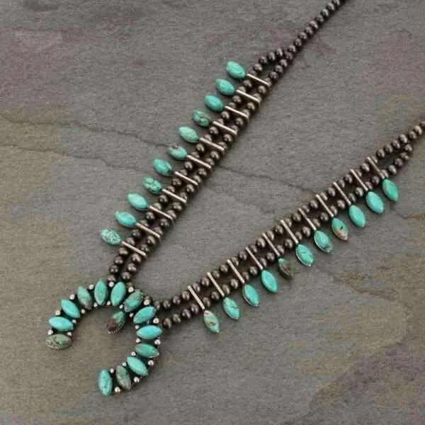 Full Squash Blossom Natural Turquoise Necklace
