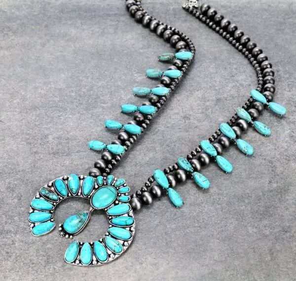 Full Squash Blossom Natural Turquoise Necklace