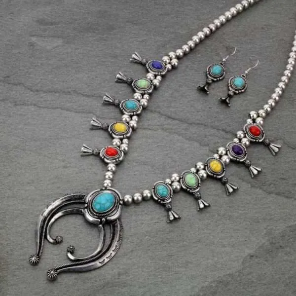 Squash Blossom Western Style Turquoise Necklace Set with Earrings.