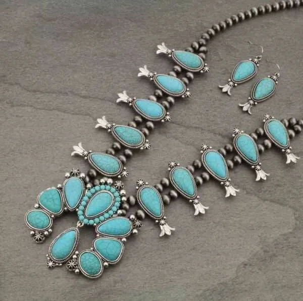 Full Squash Blossom Turquoise Necklace Navajo Style Pearl Necklace