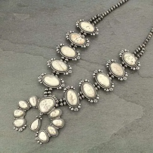 Full Squash Blossom Natural White Turquoise Necklace