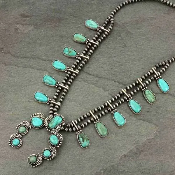 Full Squash Blossom Natural Turquoise Necklace