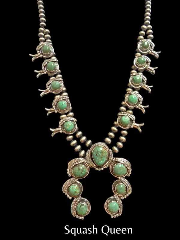 Natural Green Turquoise Squash Blossom Necklace Handmade Sterling Silver 92.5 Pure Silver