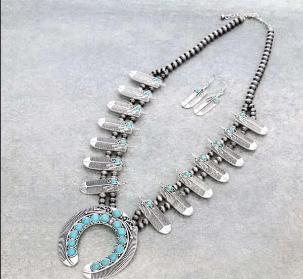 Full Squash Blossom  Necklace Set with Earrings, Feather Squash Blossom Turquoise Necklace, Navajo Squash Blossom Necklace