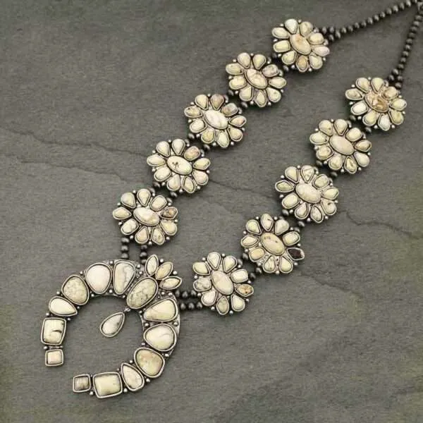 Full Squash Blossom Natural White Turquoise Necklace