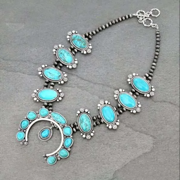 Full Squash Blossom Natural Turquoise Necklace
