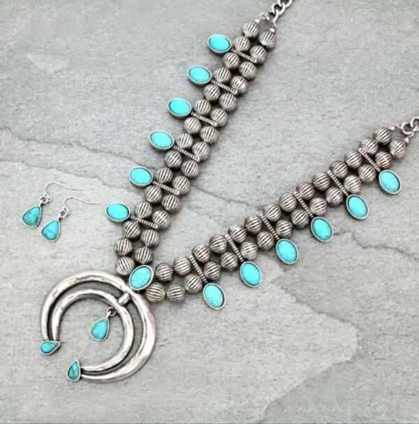 Full Squash Blossom Turquoise Necklace Set with Earrings.