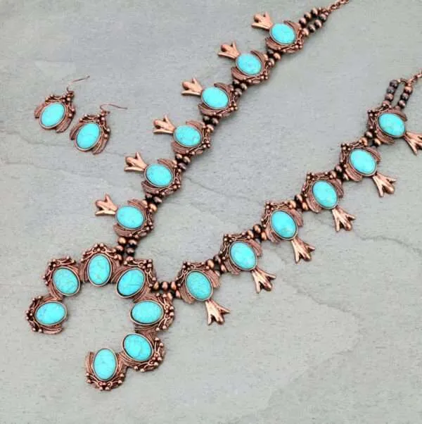 Squash Blossom Western Style Turquoise Necklace Set with Earrings.