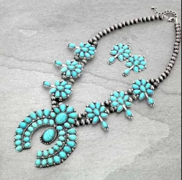 Full Squash Blossom Turquoise Necklace