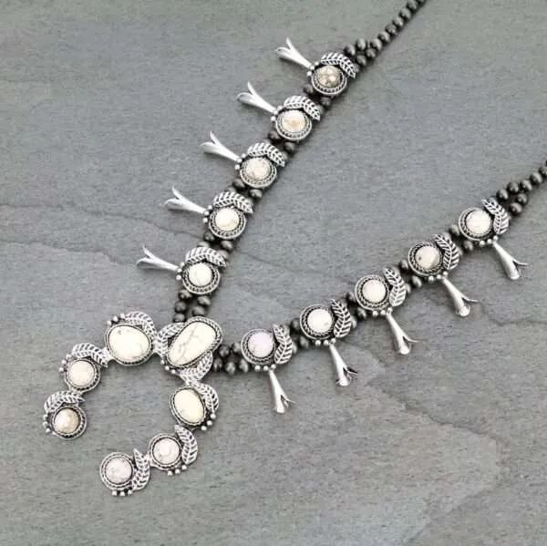 Full Squash Blossom Natural White Turquoise Necklace