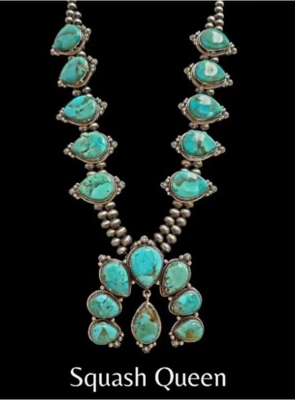 Natural Turquoise Squash Blossom Necklace Handmade Sterling Silver 92.5 Pure Silver