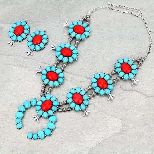 Full Squash Blossom Turquoise Necklace Set with Earrings.