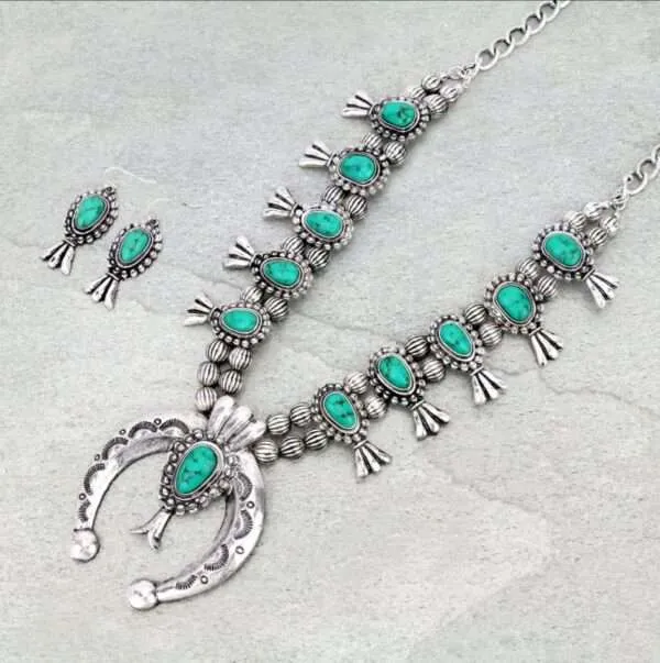 Full Squash Blossom Turquoise Necklace Set with Earrings.