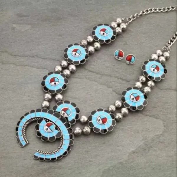 Full Squash Blossom Turquoise Necklace Set with Earrings.