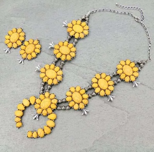 Full Squash Blossom Turquoise Necklace Set with Earrings.