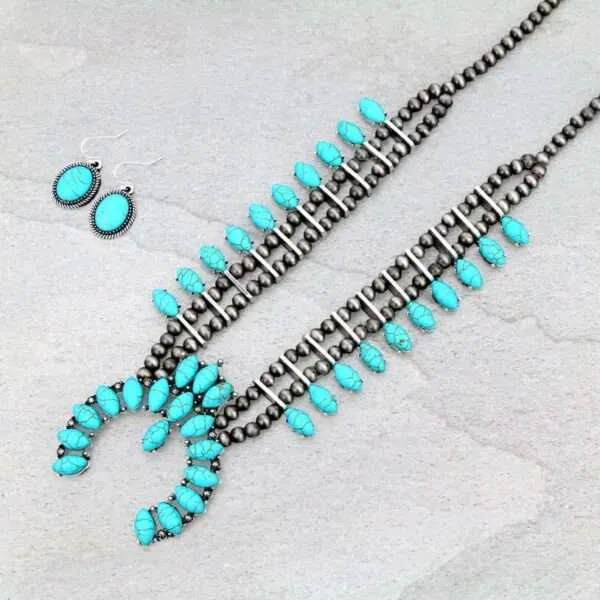 Squash Blossom Western Style Turquoise Necklace Set with Earrings.
