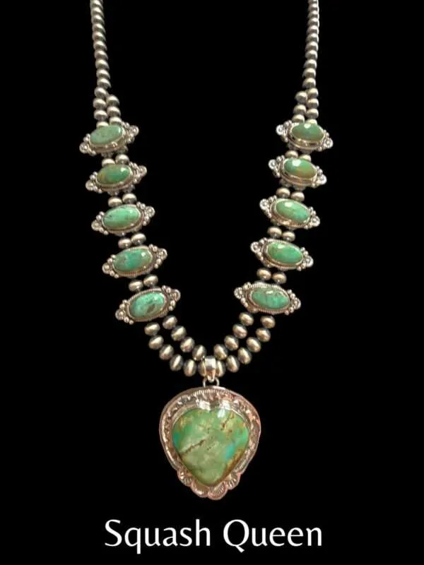Natural Green Turquoise Squash Blossom Necklace Handmade Sterling Silver 92.5 Pure Silver