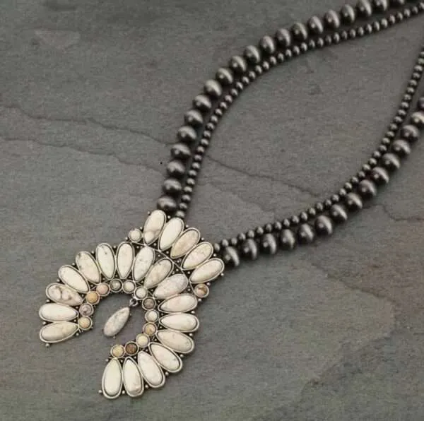 Full Squash Blossom Natural White Turquoise Necklace