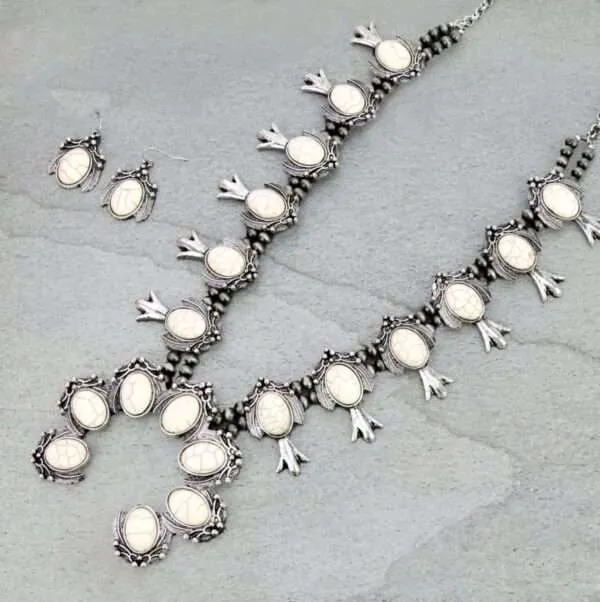 Squash Blossom Western Style Turquoise Necklace Set with Earrings.