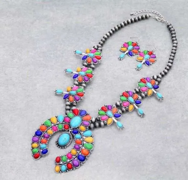 Full Squash Blossom Turquoise Necklace Set with Earrings