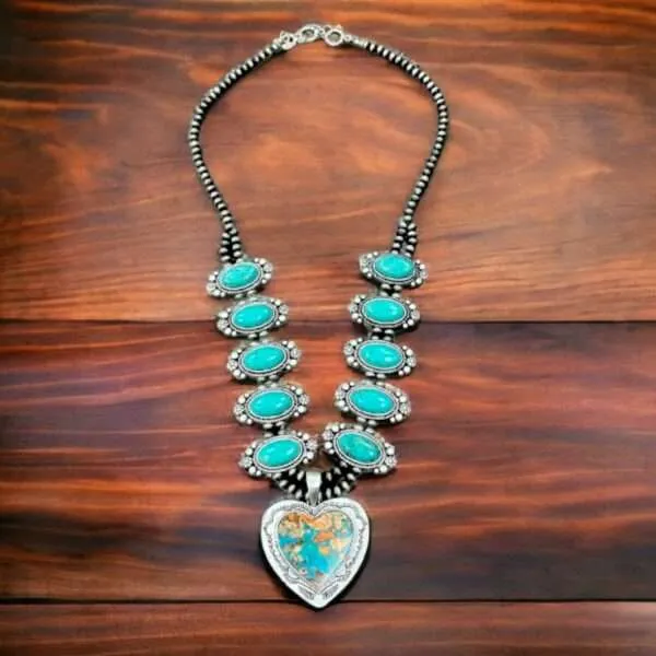 Full Squash Blossom Natural Turquoise Necklace