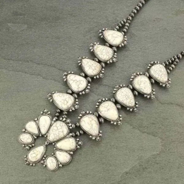 Full Squash Blossom Natural White Turquoise Necklace