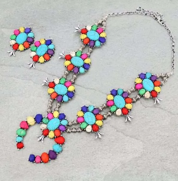Full Squash Blossom Turquoise Necklace Set with Earrings.