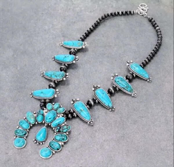 Full Squash Blossom Natural Turquoise Necklace