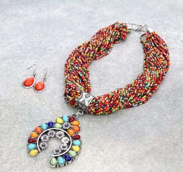 Squash Blossom Turquoise Necklace, Navajo Squash Blossom Necklace ,Squash Blossom Necklace Vintage, Western Seed Bead Necklace Set
