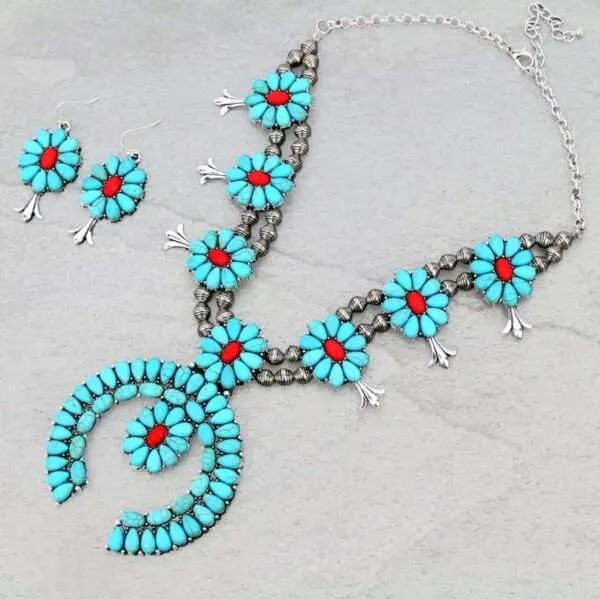 Full Squash Blossom Turquoise Necklace