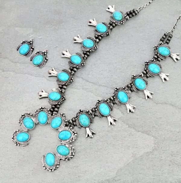 Squash Blossom Western Style Turquoise Necklace Set with Earrings.