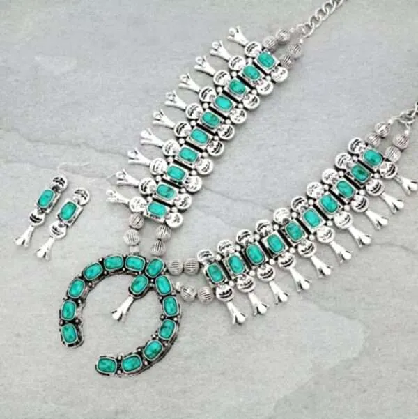 Full Squash Blossom Turquoise Necklace Set with Earrings