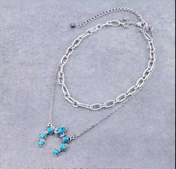 Squash Blossom Natural Stone Pendant 2-strand Chain Necklace
