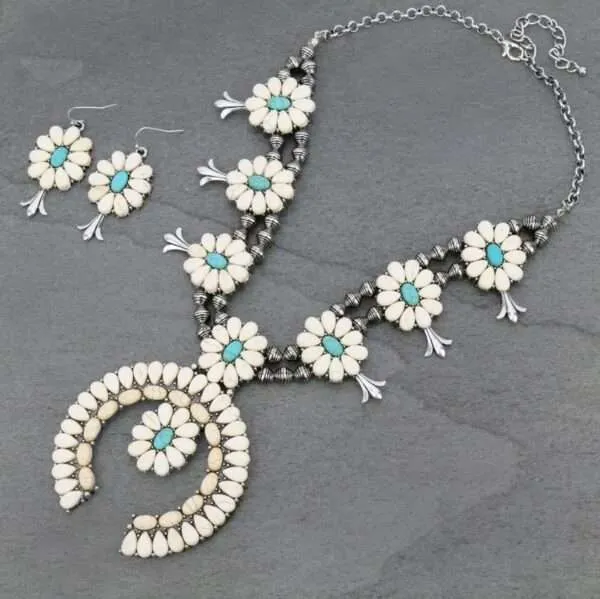 Full Squash Blossom Turquoise Necklace Set with Earrings.