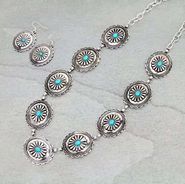 Western Concho Turquoise Necklace Set