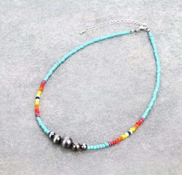Navajo Style Pearls Necklace Beaded Necklace Western Southwestern Jewelry Seed Bead & Pearl Layered Necklace