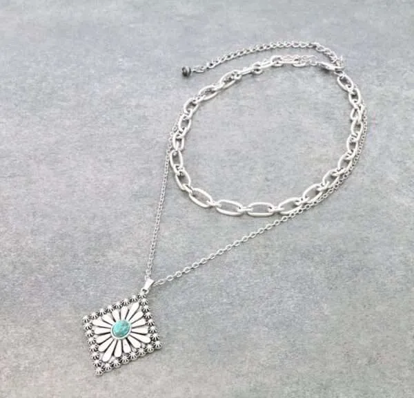 Concho Natural Stone Pendant 2-strand Chain Necklace