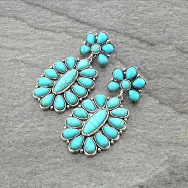 Turquoise Squash Blossom Earrings,  Turquoise Earrings,  Western Earrings,  Concho Stone Stud Earrings,