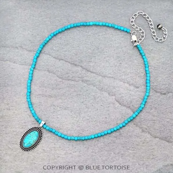 Turquoise Beaded Necklace with Natural Stone Pendant