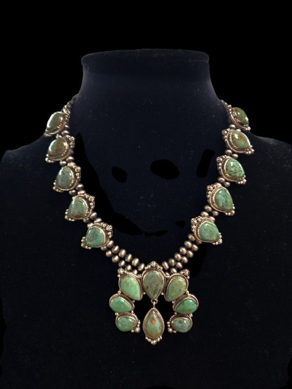Natural Green Turquoise Squash Blossom Necklace Handmade Sterling Silver 92.5 Pu