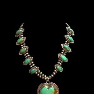 Natural Green Turquoise Squash Blossom Necklace Handmade Sterling Silver 92.5 Pu