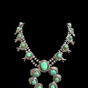 Natural Green Turquoise Squash Blossom Necklace Handmade Sterling Silver 92.5 Pu