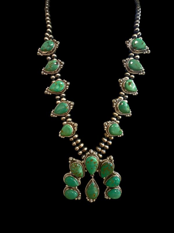 Natural green turquoise squash blossom necklace Kingman Turquoise handmade sterling silver 92.5