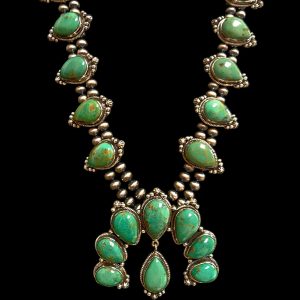 Natural green turquoise squash blossom necklace Kingman Turquoise handmade sterling silver 92.5