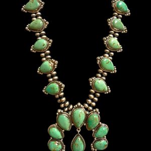 Natural green turquoise squash blossom necklace Kingman Turquoise handmade sterling silver 92.5